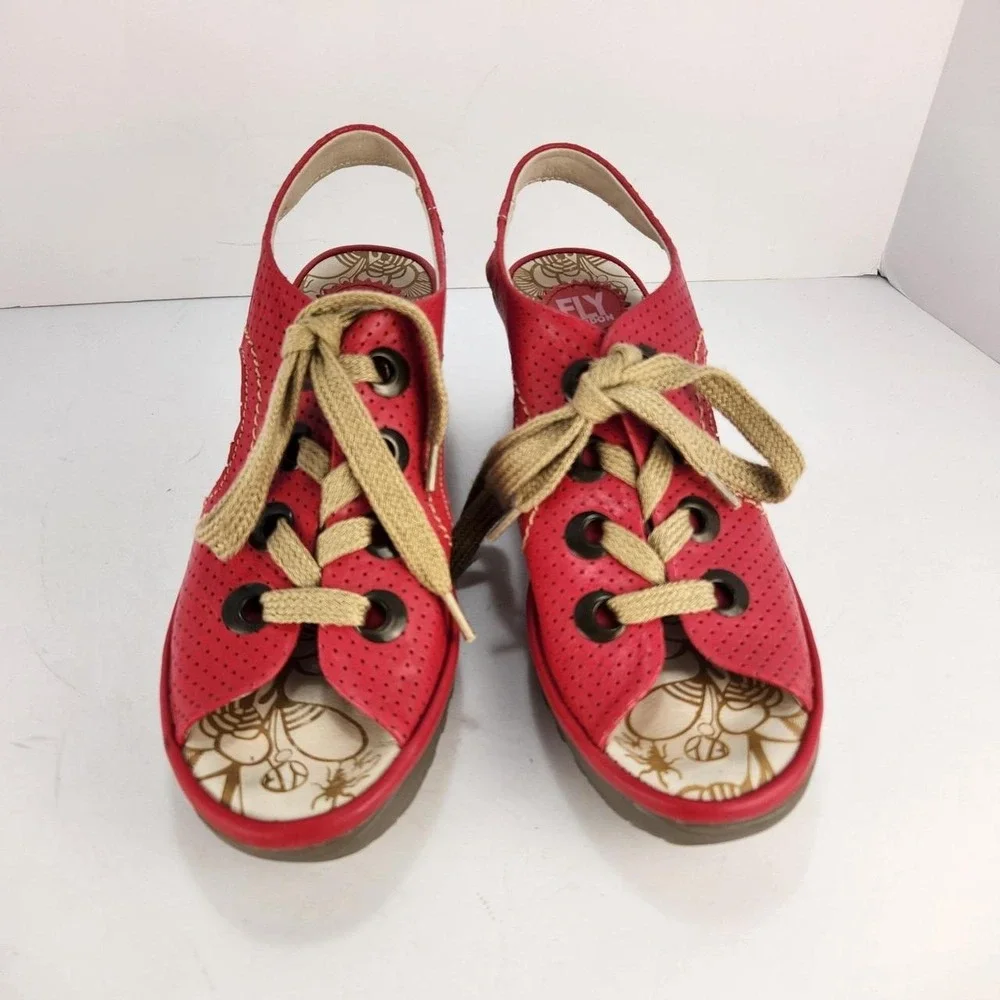 FLY London YLVA Women's 41 US 10 Red Leather Perforated Lace Up Wedge Sandals
